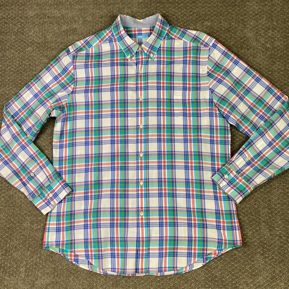 J. McLaughlin Button Down Shirt Men's Large Plaid Cotton Green White Blue Red - Picture 2 of 11